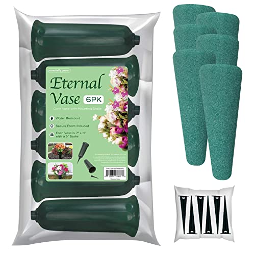 Essentially Yours Memorial Floral Vases with Foam Included - (Green, 6 Pack) | Outdoor In Ground Vases with Stakes, for Fresh and Artificial Flowers