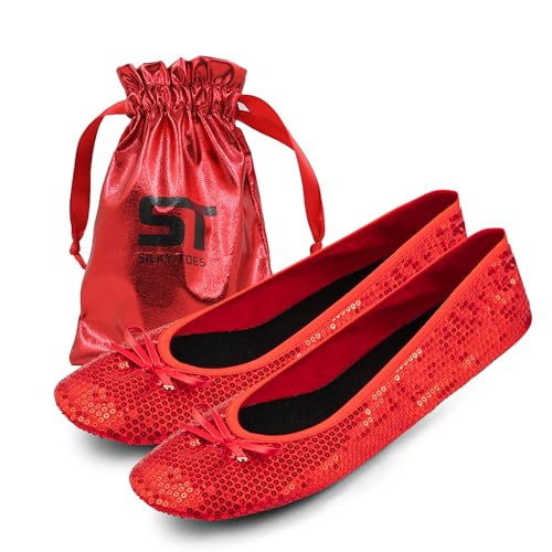 Silky Toes Women's Foldable Sequin Shoes Dressy Ballet Flats Roll Up Slipper Shoe with Matching Carrying Pouch (Large, Red Sequins New)