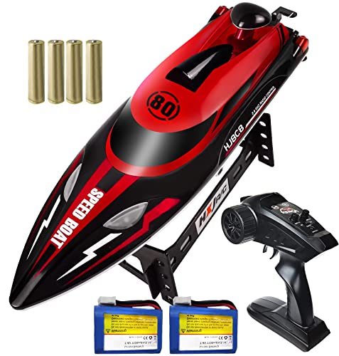 HONGXUNJIE 2.4Ghz RC Boat- 20+ MPH High Speed Remote Control Boat for Adults and Kids for Pools and Lakes with 2 Rechargeable Batteries, Low Battery Alarm, Capsize Recovery (RED) Age 14+