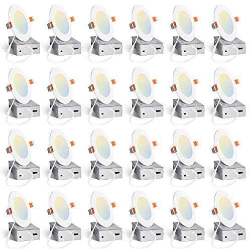 Amico 24 Pack 4 Inch 5CCT Ultra-Thin LED Recessed Ceiling Light with Junction Box, 2700K/3000K/3500K/4000K/5000K Selectable, 10W Eqv 60W, Dimmable Can Light, 800LM High Brightness Downlight - ETL&FCC