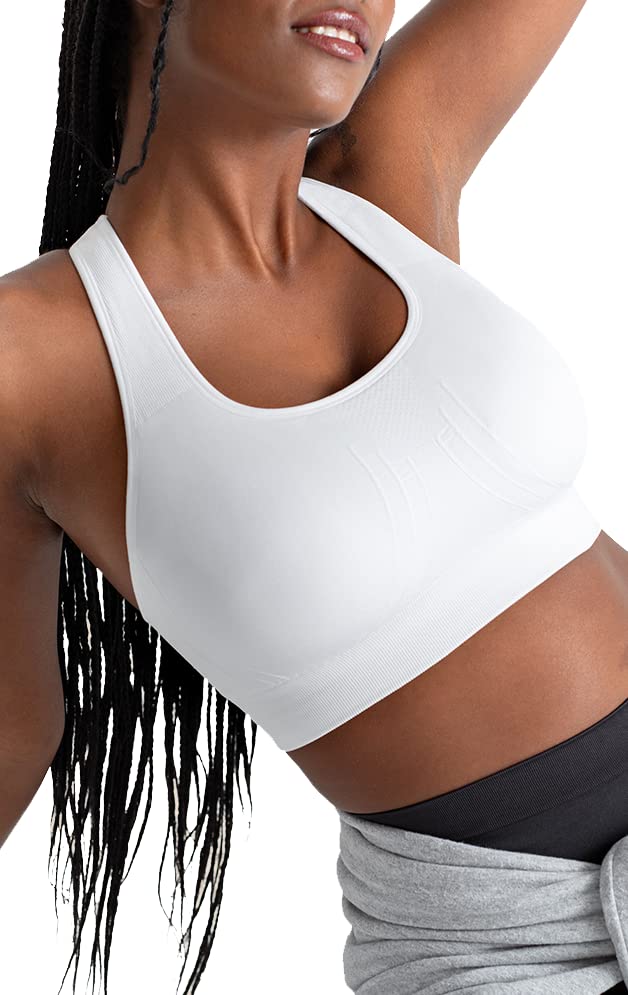 SHAPERMINT Seamless Racerback Wireless Sports Bra for Women with Removable Cups | Low Compression Womens Workout Tops | from Small to Plus Size Bras, Medium, White