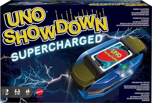 Mattel Games UNO Showdown Supercharged Family Card Game with 112 Cards & Showdown Supercharged Unit for Ages 7Y+, Toy for Kid, Family or Adult Game Night (Amazon Exclusive)