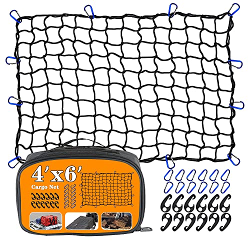 4’x6’ Truck Cargo Netting Cargo Net Expands to 8' x 12' with 4'x4' Mesh Grid Super Duty Bungee Cargo Net Heavy Duty Cargo Netting for Truck Bed Stretches with 12 Adjustable Metal Carabiners