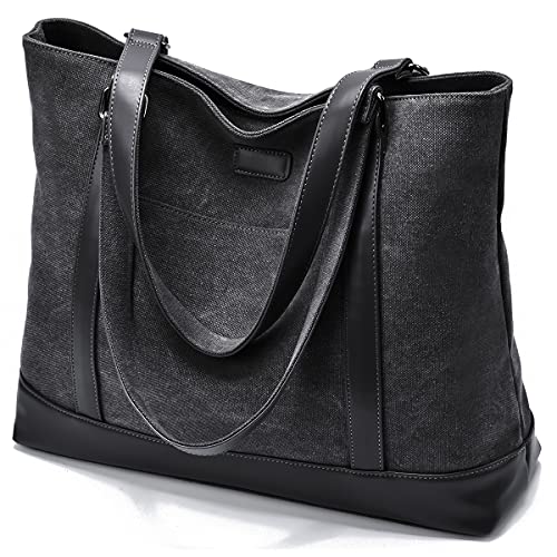 Canvas Laptop Tote Work Bag for Women with 15.6 Inch Computer Compartment Pockets (Black)