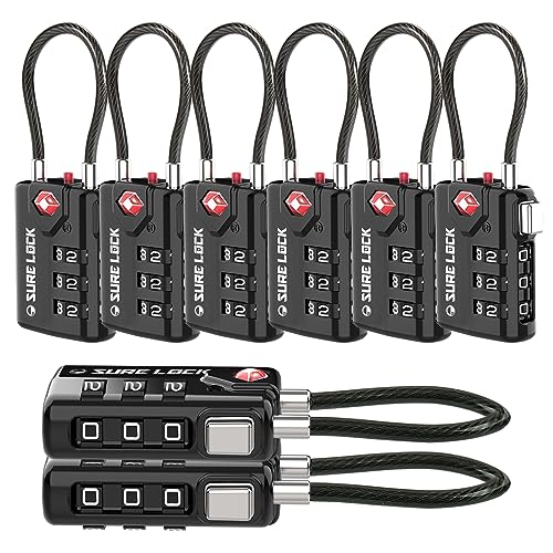 SURE LOCK TSA Compatible Travel Luggage Locks, Inspection Indicator, Easy Read Dials TSA Approved with Zinc Alloy (1, Black 8 Pack)