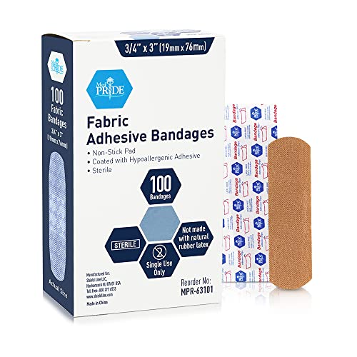 MED PRIDE Sterile Fabric Adhesive Bandages [100 Count]- First Aid Bandages Coated with Hypoallergenic Adhesive & Non-Stick Pad- Latex-Rubber Free Wound Care Bandages- Individual Wrapped- 3/4'' x 3''