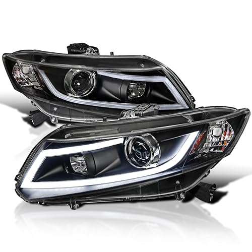 Spec-D Tuning Projector Headlights W/New LED Light Bar Black Compatible with 2012-2013 Honda Civic Coupe, 2012-2015 Honda Civic Sedan Left + Right Pair Headlamps Assembly