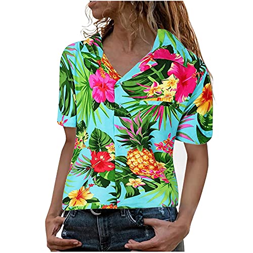 Womens 2024 Summer Tops Hawaiian Floral Short Sleeve V Neck Basic Blouses Dressy Casual Loose Trend Tropical Holiday Shirts(Green,Small)