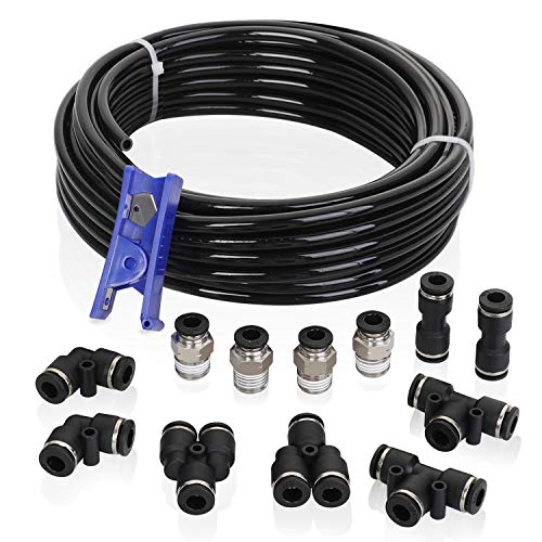 Hromee Air Line Tubing Kit, 1/4 Inch (6.35MM) OD x 32.8 Feet Polyurethane PU Tube and Push to Connect Fittings, 14 PCS Compressed Pipe and Accessories Kit