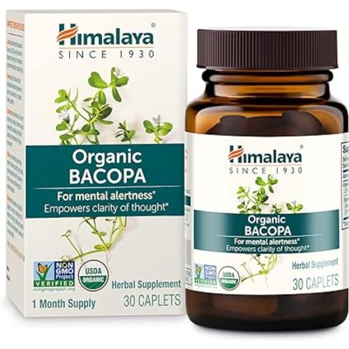 Himalaya Organic Bacopa Monnieri Nootropic Herbal Supplement, Mental Alertness, Supports Calm, Memory, Cognition, USDA Certified Organic, Non-GMO, 750 mg, 30 Plant-Based Caplets, 30 Day Supply