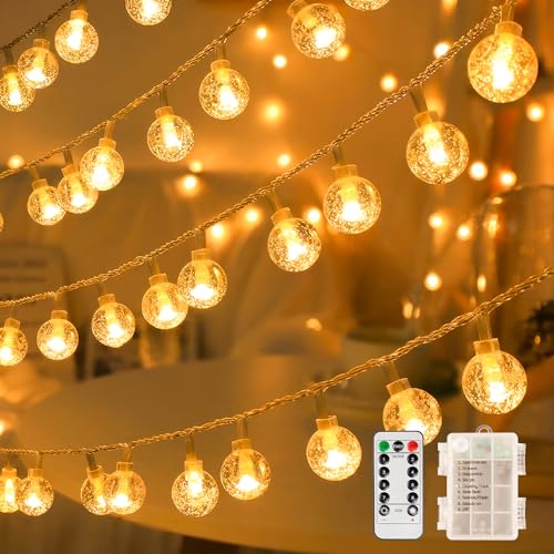 Pubsop Globe String Lights, Crystal Globe Fairy String Lights Battery Operated 33ft 80LED String Lights with Remote Waterproof Indoor Outdoor Hanging Decorative Lights for Home Party Patio Garden
