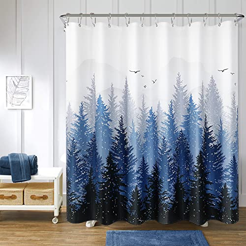 Hokibero Blue Misty Forest Mountain Nature Tree Fabric Shower Curtains for Bathroom Waterproof Heavy Duty Navy Blue and White Woohitedland Shower Curtain Bathtubs Hotel, 72 x 72 inch