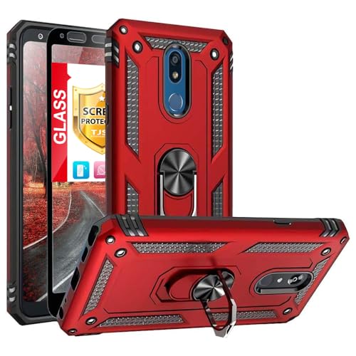 TJS Phone Case Compatible with LG K40/K12 Plus/X4/Solo LTE/Harmony 3/Xpression Plus 2, with [Full Coverage Tempered Glass Screen Protector] Impact Resistant Metal Ring Magnetic Support (Red)