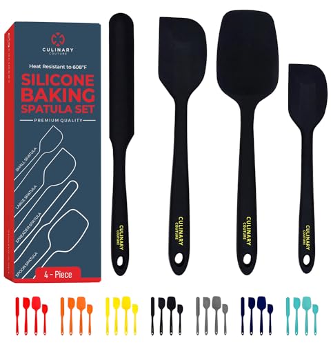 Culinary Couture 4-Piece Black Silicone Baking Spatula Set - Rubber Spatulas Silicone Heat Resistant up to 608°F, BPA-Free - Silicone Spatula Set for Nonstick Cookware - Silicone Baking Utensils