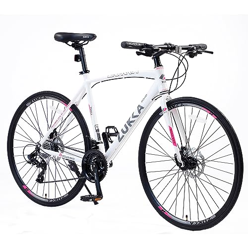 WEEROCK 700C Hybrid Bike,Shimano 24 Speeds 3 x 8,Flat Bar Handlebar Road Bike, Aluminium Alloy Frame, Disc Brake, Racing Bicycle,Commuter Bike for Adult, Men,Women Junior Senior, White