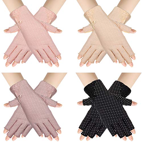 SATINIOR 4 Pairs Driving Sunscreen Fingerless Gloves Women UV Protection Half Finger Non Skid Gloves for Summer Outdoor Activities Favors, Medium (Lace and Bowknot)