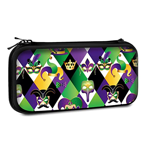 Carrying Case Compatible with Switch 2017 / Switch OLED 2021 Console Joy-Con with 10 Game Card Slots , ?Golden Carnival Masks on Geometric Festive Border