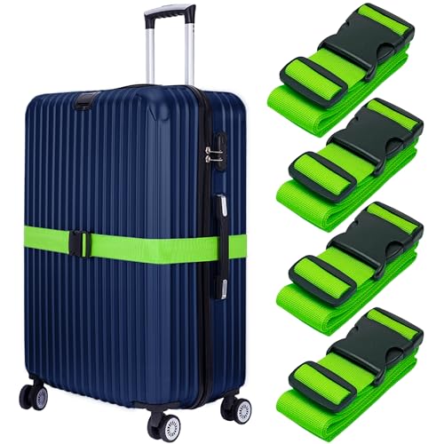 Luggage Straps for Suitcases (Neon Green, 4 PK), Premium Nylon Belts for Luggage Security, Heavy-Duty w/Adjustable Length (46”-78”) for Suitcase, Briefcase, Backpack & Travel Bag by BlueCosto
