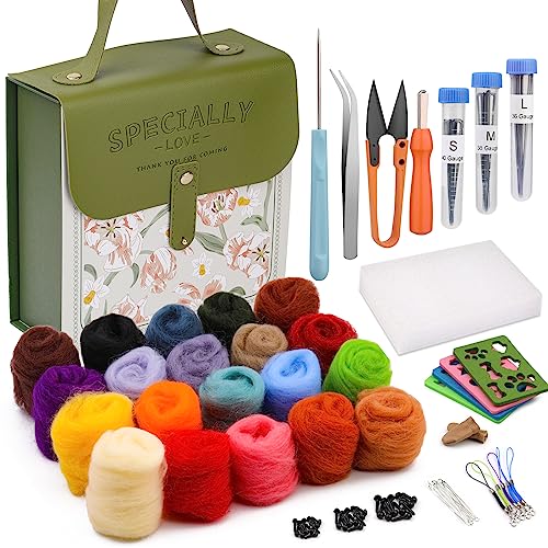 Mayboos Needle Felting Kit, Wool Roving 20 Colors Set, Wool Felting Kit Felt Molds with Portable Storage Box for DIY Craft Home Decoration Gift (Green Bag)