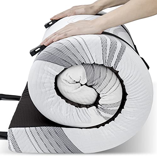 KingChii Upgrade 3' Thick 50D Support Full Memory Foam Camping Mattress, Ice Silk Knitted Fabric Cover, CertiPUR-US Portable Roll Up for Travel Sleeping Pad Cot Mattress Guest Bed with Travel Bag