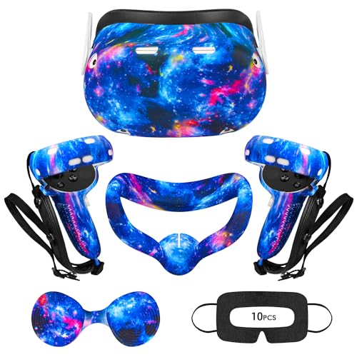 AIXOTO VR Accessories for Oculus Quest 2, 4 in 1 Silicone Set for Meta Quest 2, Include Face Cover, Controller Grip Cover, Shell Cover, Lens Cover & 10PCS Disposable Eye Cover (for Quest 2, Galaxy)