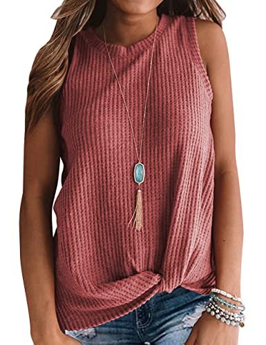 MIHOLL Cute Shirts for Women Sleeveless Waffle Knit Twist Knot Casual Tops Blouse (X-Large, Red)