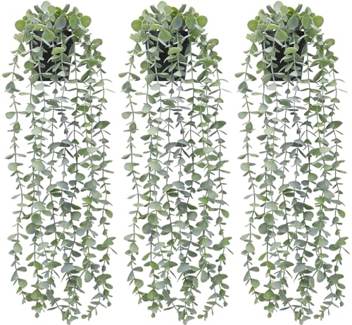 FUNARTY 3 Pack Fake Plants Decor Small Artificial Hanging Plants Fake Eucalyptus Plants Faux Greenery Vine Plants in Pot for Home Indoor Outdoor Décor