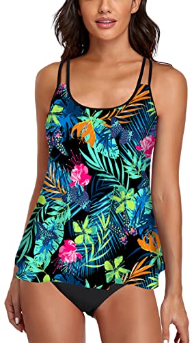 Omichic Modest Tankini Sets for Women's Swimsuits 2 Piece Athletic Bathing Suits Flowy Tank Top with Bikini Bottom Green Leaves