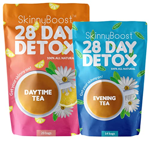 SkinnyBoost 28 Day Detox Tea Kit-1 Daytime (28 Bags) 1 Evening (14 Bags) Non GMO, Vegan, All Natural Teas, Made with Green Tea and Herbal Teas for Natural Detox and Cleanse, Reduce Bloating