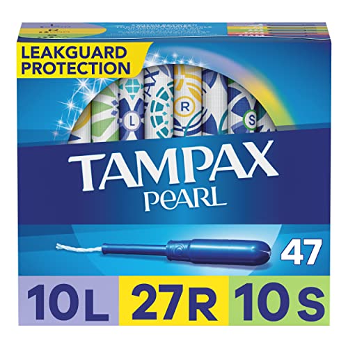 Tampax Pearl Tampons Multipack, Light/Regular/Super Absorbency, With Leakguard Braid, Unscented, 47 Count