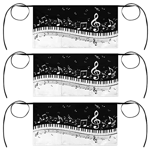 XMNYGJ 3 Pack Waist Apron Set Musical Notes Piano Keys Waitress Aprons 3 Pockets Waterproof Half Apron for Bartender Restaurant Barista Teachers BBQs Parties