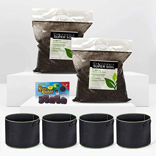 California Hot Soil Premium 100% Organic Super Soil Kit, 18+ Nutrient Blend - No Need for Nutrients or Plant Food Ever - Includes (2) 6 Lbs Bag of CaliHotSoil, (4) 5-Gallon Pots, (5) Rapid Rooters
