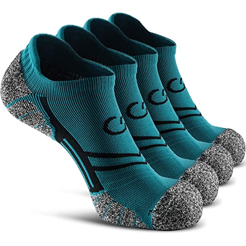 CWVLC No Show Sports Compression Socks 4-pairs, Low Cut Anti-Blister Hiking Running Workout Ankle Socks, Short Cushioned Moisture Wicking No Slip Arch Support Plantar Fasciitis, Aqua-green, Large