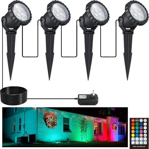 Christmas Spotlights Outdoor, 12W 800lm RGB Color Changing Landscape Lights 110V Plug in LED Spot Lights with Remote, IP66 Waterproof Outdoor Lights for Tree Yard House, 46.5ft Cord, UL Listed, 4 Pack