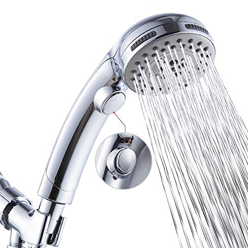 High Pressure 6 Setting Shower Head Hand-Held with ON/OFF Switch and Spa Spray Mode - Hand Held Shower Head with Handheld Spray - Shower Head with Hose - Chrome
