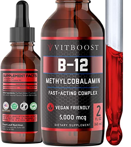 VITBOOST Vegan Liquid B-12 Drops – 60 x 5000 mcg Extra Strength Raspberry Flavored Vitamin B12 Liquid Methylcobalamin sublingual Supplement | Designed to Maximize Absorption & Energy | Gluten Free