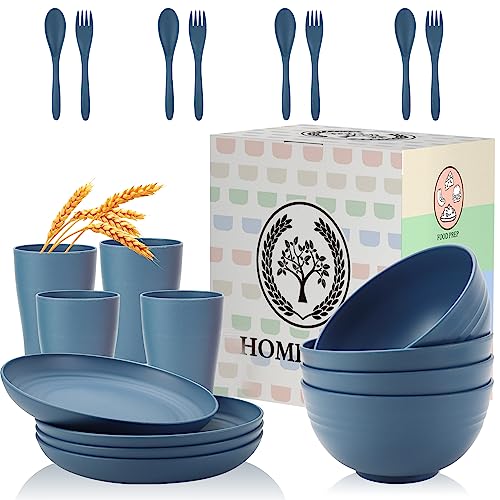 Wheat Straw Dinnerware Sets, Homienly 20pcs Unbreakable Microwave Dishwasher Safe Tableware Lightweight Bowls, Cups, Plates Set Reusable Dinner Plates Bowls set (Blue)
