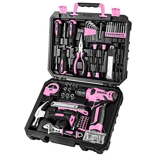 DEKOPRO Drill Set: Tool Set with 8V Pink Cordless Drill, Home Tool Kit with Drill, Hand Tool Kits for Women 126 Piece
