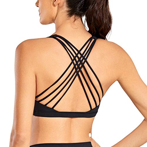 CRZ YOGA Strappy Sports Bras for Women - Criss Cross Back Sexy Wireless Padded Yoga Bra Cute Workout A01-Black Small