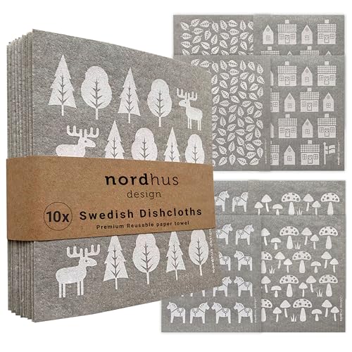 Nordhus Design Swedish Dishcloths,10 Grey Cloths, Made in Sweden - Reusable, Washable Cellulose Cotton Kitchen Cloths - Replace Paper Towels, Wipes, Sponges, Dish Rags