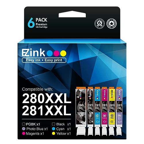 E-Z Ink (TM Compatible Ink Cartridge Replacement for Canon PGI-280XXL CLI-281XXL PGI 280 XXL CLI 281 XXL to use with PIXMA TS8320 TS8220 TS8120 (PGBK, Black, Photo Blue, Cyan, Magenta, Yellow) 6 Pack