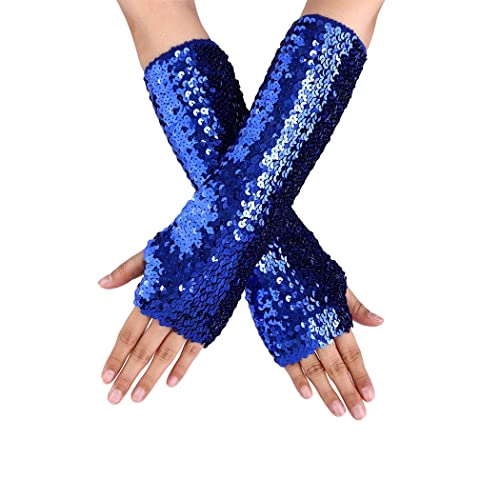 Yikisdy Fashion Gloves Sequins Gloves Elastic Fingerless Gloves Rave Party Gloves Costume Accessories for Women and Girls (Blue)