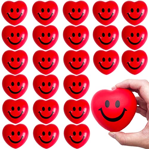 24 PCS Valentine's Day Heart Stress Balls,Red Smile Face Squeeze Balls,Heart Shaped Foam Balls for Kids and Adults,Valentine Party Favors