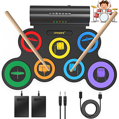 ORASANT Real-Effect Rechargeable Portable Electronic Drum Set, Multi-Functional Electric Drum Set with Volume Adjustable Built-in Speaker Headphone-Jack Foot Pedals Sticks 10H Playtime, Christmas Gift