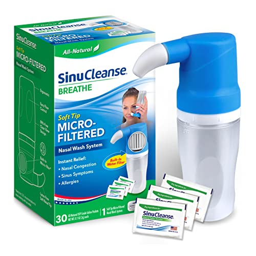 SinuCleanse Soft Tip Micro-Filtered Nasal Wash Irrigation System, Relieves Nasal Congestion & Irritation from Cold & Flu, Dry Air, Allergies, Includes 30 All-Natural, Pre-Mixed Buffered Saline Packets