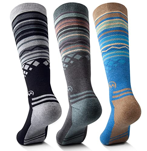 OutdoorMaster Ski Socks 3-Pack Merino Wool, Over The Calf Non-Slip Cuff for Men & Women, Black Blue Grey, L