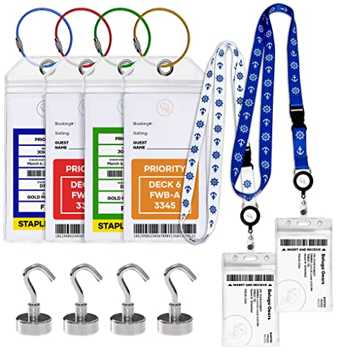 Cruise Luggage Tags Essentials 4 Sets with Zip Seal and Steel Loops + 2 Cruise Lanyard Detachable ID Holder Badge + 4 Cruise Cabin Magnetic Hooks (27lbs-Heavy Duty) Compatible All Cruise Lines Ships