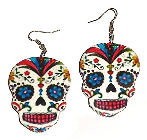 Day of the Dead Skull Dangle Earrings 2 Inches Long #1 Fashion Novelty Jewelry