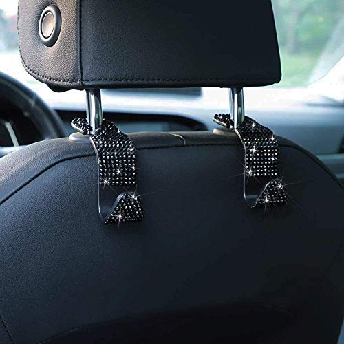 Bling Car Seat Headrest Hooks, Crystal Back Seat Hanger Storage Organizer, Sparkling Car SUV Purse Holder for Handbag Clothes Coats Grocery Bags, Handmade Decorations and Accessories for Women(Black)