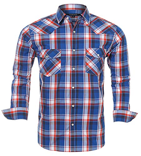 Western Shirts for Men with Snap Buttons Regular Fit Plaid Mens Long Sleeve Shirts Casual,Red Blue 011, X-Large